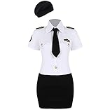 Agoky Disfraz de Policía Mujer Uniforme Cosplay Traje Monitor Camisa Blanca con Mini Falda Corbata Sombrero Juego Adulto Ropa de Dormir Disfraces Sexy Club Blanco Negro X-Large