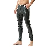 QiaTi Pantalones de piel sintética para hombre, informales, elásticos, de piel sintética, pierna recta, ajustados, pantalones largos para moto, club nocturno, pantalones largos, 1#negro, M