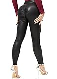 TZLDN Pantalón Largo de Piel para Mujer Plisado Cintura Alta PU Cuero Leggings con Pliegues Resistentes al Agua Elástico Diario Club Navidad Negro L
