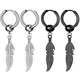 Kawailay Pendientes de aro de pluma de acero inoxidable – Rock Punk colgante Huggie Pendientes para hombre – Plata Negro Estilo 1, Acero inoxidable