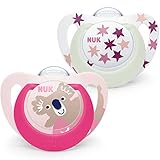 NUK Star Night chupete | 18-36 meses | Calma al 99% de los bebés | Chupetes de silicona sin BPA | Brilla en la oscuridad para encontrarlo por la noche | Incluye funda | Rosa | 2 unidades