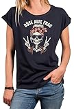 MAKAYA Camiseta Mujer Calavera con Frase - diseño rockero Biker Alternativo Top algodón gráfico Regalo Original para Chicas Motos el Heavy Metal Estilo Punk gótico y la Moda Chula Azul XL