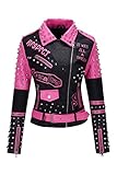 Giolshon Mujer Chaqueta de cuero sintético Remache tachonado Moto Floral Biker Abrigo de solapa corta 0376 Rosa L