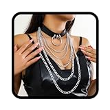 Handcess Gargantilla de cuero punk en capas plateadas, cadenas góticas negras para mujer, sin talla, Cuero