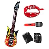 MIVAIUN Kit de Rockero de Punk Gotico de 70 80 90, Kit Rockero Gótico Punk, Accesorios de Disfraz de Rocker, Pañuelo de Punk Rojo, Guantes de Punk, Guitarra Hinchable, Guitarra Micrófono