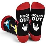 Wansruee Calcetines unisex con texto en inglés 'Rock Out', divertidos calcetines con letras de becerro, guitarras, regalos para hombres y mujeres, fanáticos de la música, Guitarra Rock Out, Talla