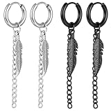 Kawailay Pendientes de aro de pluma – Acero inoxidable Pendientes Rock Punk colgante Huggie para hombre – Plata Negro Estilo 3, Acero inoxidable