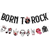 Pancarta decorativa de fiesta de rock and roll, guirnalda con purpurina de Born to Rock, temática musical, calavera, nota musical, guitarra, banderines colgantes, telón de fondo para fiesta de música