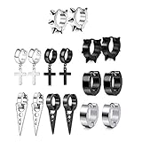 JZZJ 8 Pares Acero Inoxidable Pendientes para Hombres Mujeres Set Aro Pendiente Piercing Cross Dangle Huggie Punk Pendi（-）