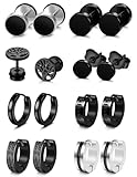 YADOCA 8 Pares Pendientes Hombres Pendientes Negro para Hombres Acero Inoxidable Hipoalergénico Piercing Oreja Negro Pendientes de Aro para Hombre Niños, A