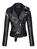Giolshon Chaqueta de Cuero Sintético para Mujer Abrigo Corto de Motociclista de Otoño Elegantes, Floral Informal de Moto 1702020 Negro XXL