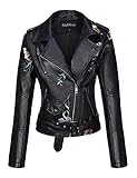 Giolshon Chaqueta de Cuero Sintético para Mujer Abrigo Corto de Motociclista de Otoño Elegantes, Floral Informal de Moto 1702020 Negro XL