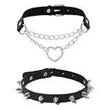 2PCS Vintage Gothic Punk Gargantilla,Gargantilla negra con tachuelas,Gargantilla corazon de cuero,Collar de cuero PU con tachuelas,Collar de cuero ajustable para mujeres hombres