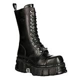 Botas Unisex New Rock M-MILI211C-C1 de 100% Cuero Genuino Negro Metalizado Techno Militar con Cordones de Motociclista 3