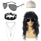 Rockera Disfraz Años 80 Hombre Mujer, Disfraces Hippies Peluca Hombre Gafas de sol Bandana Negro 1 Redecilla Pelo, Collar con Una Cruz Morena Rizado Larga Pelucas Punky para Halloween Cosplay Carnaval