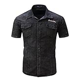 Iris Sprite Camisas de manga corta para hombre 100% algodón botón cargo camisas, Negro Puro, M