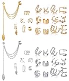 Pybider 38 piezas de orejeras, pendientes de clip, pendientes de cartílago no perforantes, pendientes de clip, pendientes colgantes, joyería con estrella de hoja (oro / plata)