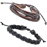 CALFOVERA Pulsera Trenzada de Cuero Genuino, 2 Estilo, Piel de Vaca Marrón, con Capas, Ajustable, Estilo Rústico, de Cuerda Multicapa, para Hombres Y Mujeres, para Uso Diario, Regalo para Fiestas