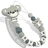 Yolnkos Cadenas Chupetes Personalizado para Bebé con Nombre Teddy Oso Chupetero Niño Chicas(Gris)