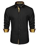 HISDERN Camisa para Hombre Casual Formales Clásico con Botones Camisas de Vestir Cuello de Manga Larga Ajuste Oro Negro