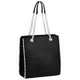 CRAZYCHC - Bolso de Mano Cadena Mujer - Shopper Tote Remaches Perlas - Bolsos de Hombro Cuero Piel PU Mediano - Bolso Compras Rectangular Shopping Bag - Elegante Moda Tendencia Designer - Negro