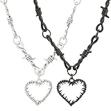 Weenkeey 2 piezas collar de corazón gótico de alambre de púas colgante de corazón collar punk rock hip hop colgante collar para hombres mujeres - negro plata