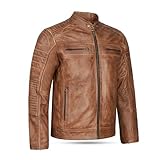 Leatherick Chaqueta de motociclista estilo retro vintage de cuero genuino marrón tostado envejecido para hombre (M)