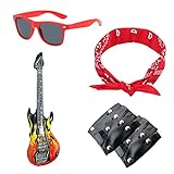 TIANNAIT Kit de fiesta punk rock de 5 piezas, guitarra hinchable, gafas de moda, bandana de hip hop, guantes rave con remaches, accesorios de vestuario disco de los 70s80s90s.