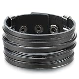 COOLSTEELANDBEYOND Ancha Cuero Pulsera Negro, Hombre Mujer Multi-Hilo Cuero Pulsera del Abrigo con Snap Botón, Minimalista