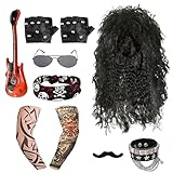Accesorios Disfraces de Rock Juego de 8 Piezas Pelucas de Rock, Peluca de Hombre Juego de Disfraces Negro,Peluca Roquera Gafas de Sol,Bigote,Pañuelos de Pelo,Guantes,Mangas Tatuadas,Guitarras,Pulsera