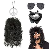 QSZHSL 4 Piezas Disfraces de Rock Accesorios Punk Disfraz, Rockera Disfraz Años 80, Disfraz Hippie Peluca de Rock Rizado Bandana Collar de Peace Gafas de Sol para Halloween Cosplay Carnaval (4 Piezas)