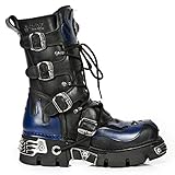 New Rock 107-C5 Botas Unisex en Cuero Azul y Negro con Calavera Gótica Estilo Motociclista Punk 42