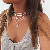TseenYi - Collar bohemio simple de plata hueca con varias cadenas y colgantes de luna y estrella para mujeres y niñas