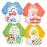 Vicloon Baberos Bebe Impermeables, 4PCS Baberos para alimentación, Babero de Manga Larga de Bebé para Pintar con Mangas EVA Impermeable Delantal de Bebé, Unisexo Niños Niñas 6 Meses a 3 años Edad