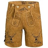 PAULGOS HK4 - Pantalones de piel para hombre (con tirantes, piel, talla 44-60), marrón claro, 52