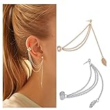 EQLEF 2 Pares de Pendientes de Hojas Femeninas Moda Pendientes Colgantes de Orejas Punk Rock Pendientes de Cadena Larga borlas Colgantes de Orejas Brazaletes de Oreja Pendientes Plateados y Dorados
