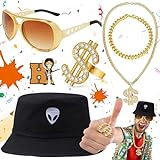 5 Piezas Conjunto de Disfraces de Hip Hop de Los 80/90, Negro Sombrero, del Cubo Collar de Cadena de Oro con Signo de Dólar, Anteojos Rockeros, Adecuado para Cumpleaños, Fiestas de Carnaval