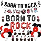 JOYMEMO Decoraciones de Fiesta de cumpleaños de Rock and Roll con Purpurina Negra Born To Rock Banner Globos de Elementos Musicales Garland para la década de 1950 Suministros