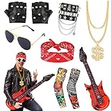 Kit Rockero Gótico 80s 90s Hombre, Accesorios Disfraz Punk - Gafas De Sol | cadenas de oro | Diadema | manga del tatuaje | Guantes Punk | Guitarra inflable | Pulsera de cuero PU para discoteca hip hop