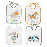 Ti TIN | Pack de 4 Baberos Impermeables para Bebés 73% Algodón 27% Poliéster Forro Vinilo | Baberos con Cierre con Cintas para Bebés de 6 a 18 Meses | Divertidos estampados surtidos.