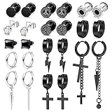 JeweBella 24 Piezas Pendientes Hombre Negro/Plata Acero inoxidable Pendientes Vikingo Ronda Negro Cuadrados Pendientes Aro con Colgante Cruz Rayo Punk Gothic Pendientes para Hombre Mujer