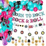 Hegbolke 91 piezas de decoraciones de fiesta de rock and roll de los años 50, incluye bandera de elemento, remolino colgante, adornos para tartas, globos, pancarta para fiesta temática de los años 50