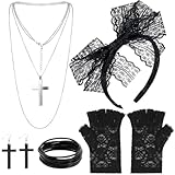Complementos Años 80, Accesorios de Disfraz Rockera Niña Mujer con Diademas de Encaje, Collar, Pendientes, Pulseras, Guantes de Encaje de Medio Dedo para Carnaval Halloween