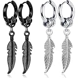 LYQNIHOB Pendientes Negros Largos para Hombre, Pendientes de Plumas Punk Rock, 2 Pares de Cadena con Plumas - Estilo Rock, Hippie y Gótico - Acero Inoxidable Hipoalergénico