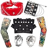 HEAWAA 9 Piezas Disfraces de Rock Accesorios, Accesorios de Traje Punk con Mangas de Tatuaje Falso Cubre Bandana Negro PU Guantes Pulsera y Anillos para Mujeres Hombres Adulto Fiesta Del Año 70 80 90