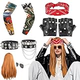 Disfraces de Rock Accesorios, Kikuo Punk Runk Gótico Rockero Kit Heavy Metal Peluca Rocker, Accesorios de Disfraz de Rocker Pulsera Bandana Guantes Sol Gafas Tatuaje Mangas Brazo