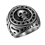 Flongo Anillo Celta Hombre Anillo de craneo Calavera, Anillo de Sello gótico Punk Rock, Acero Inoxidable Anillo de Sello Grande Anillo Plateado Negro, Talla 17