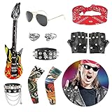 FASBET Juego de 11 piezas de Rock Star Heavy Metal para hombres y niños, incluye 1 gafas, 2 mangas, 2 anillos, 2 pulseras, 2 guantes, 1 guitarra inflable, 1 diadema, disfraz de estrella de rock de