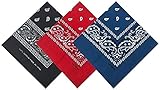 Pack 3 Pañuelos Bandanas de Paisley de Algodón para Cuello Pulsera Cabeza Unisex (negro+rojo+azul oscuro, Talla única)