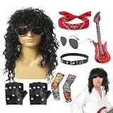 Disfraz De Rockero De Los 80,Disfraz De Rockero Hombre | Accesorios para disfraces de discoteca de metal | Pelucas de rockero de los años 70 y 80, conjunto de disfraz para hombre, 9 Uds., disfraz de e